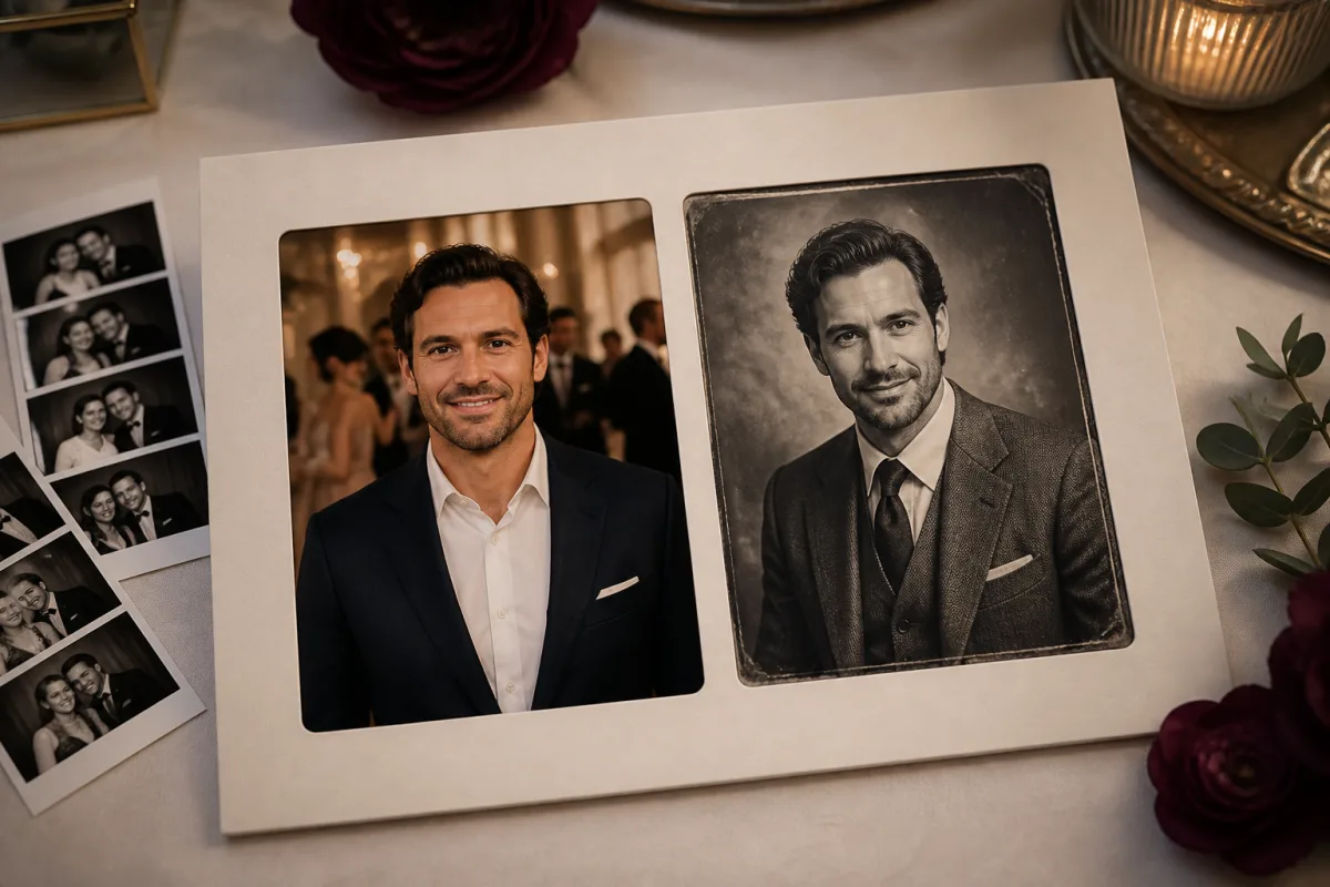 Illustrative before and after concept showing a natural guest portrait beside an AI-styled vintage portrait.