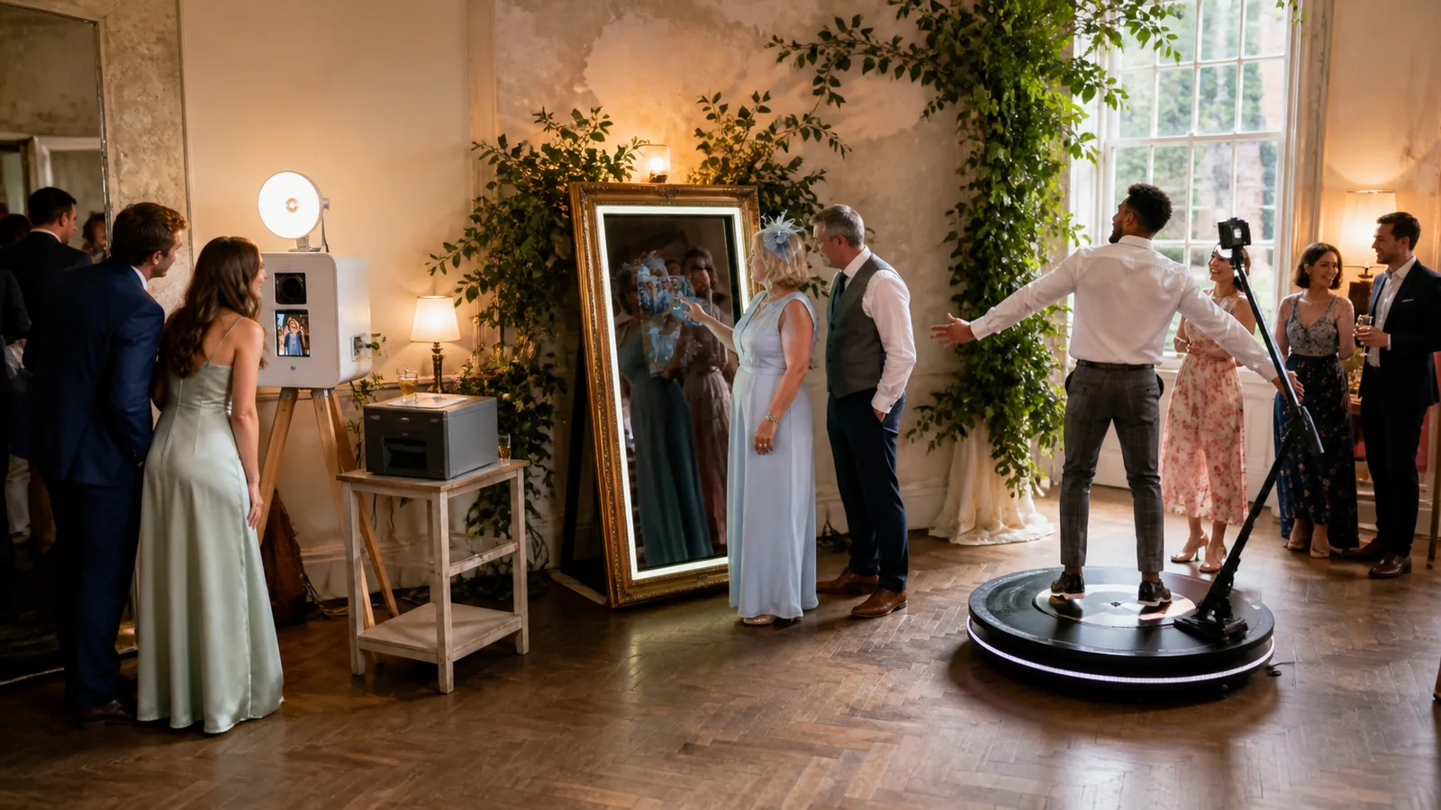 Illustrative event setup showing an open-air print booth, mirror booth and 360 video platform with guests using them.