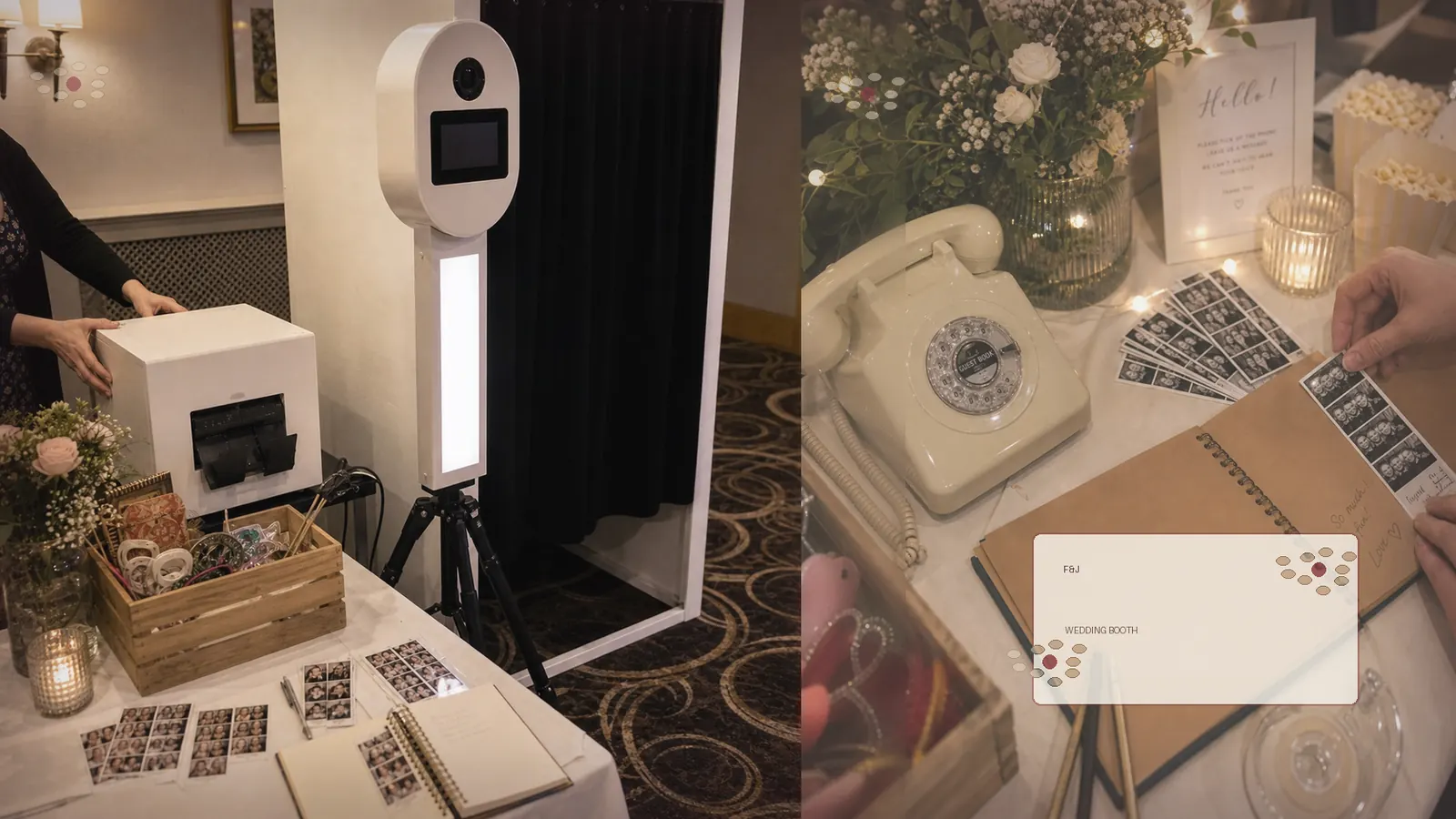 Wedding booth setup with floral table styling, instant prints and vintage audio guestbook details.