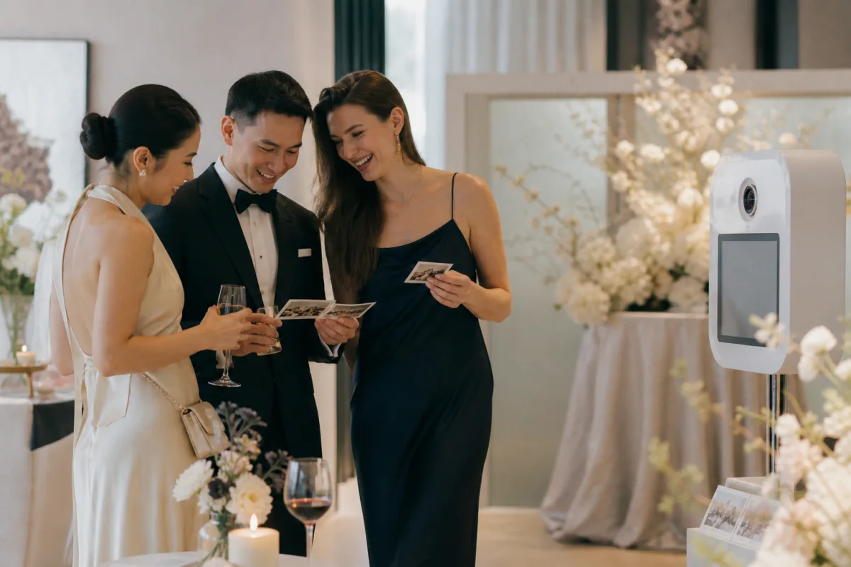Illustrative contemporary wedding venue scene with guests sharing photo booth prints near a polished booth.